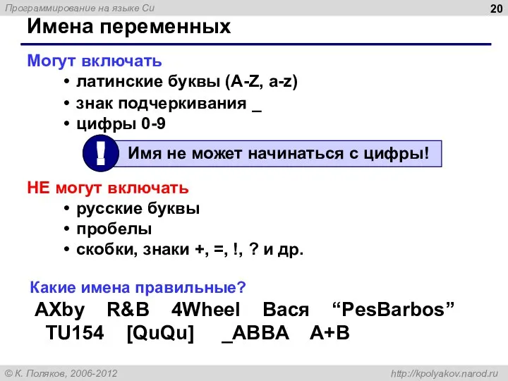 Имена переменных Могут включать латинские буквы (A-Z, a-z) знак подчеркивания _