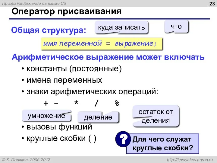 Оператор присваивания Общая структура: Арифметическое выражение может включать константы (постоянные) имена