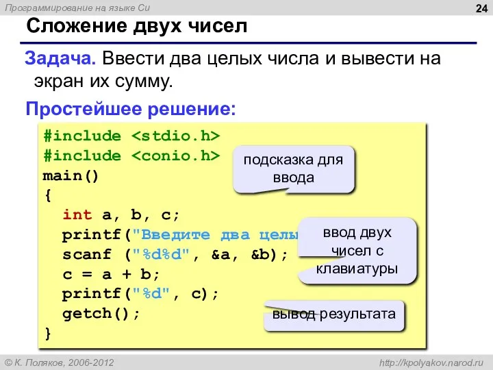 Сложение двух чисел Задача. Ввести два целых числа и вывести на