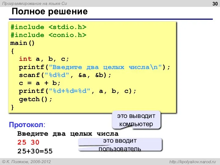 Полное решение #include #include main() { int a, b, c; printf("Введите