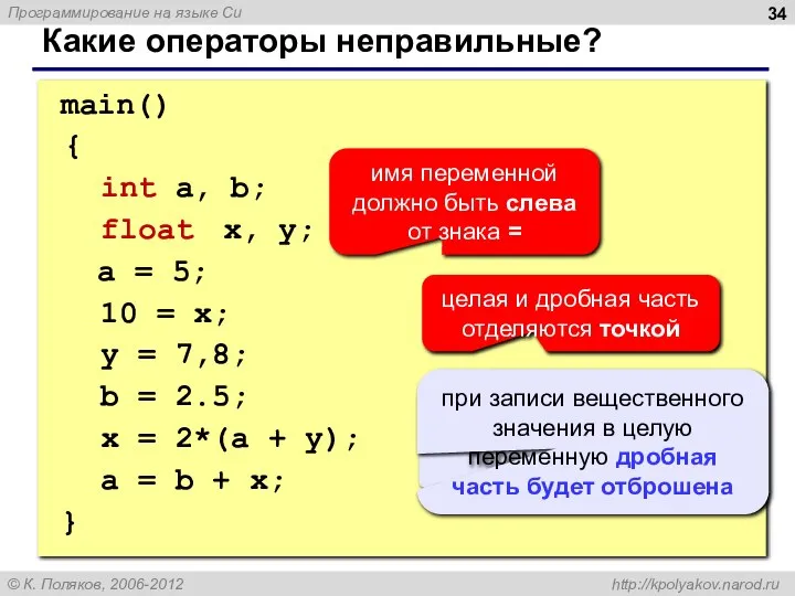 main() { int a, b; float x, y; a = 5;