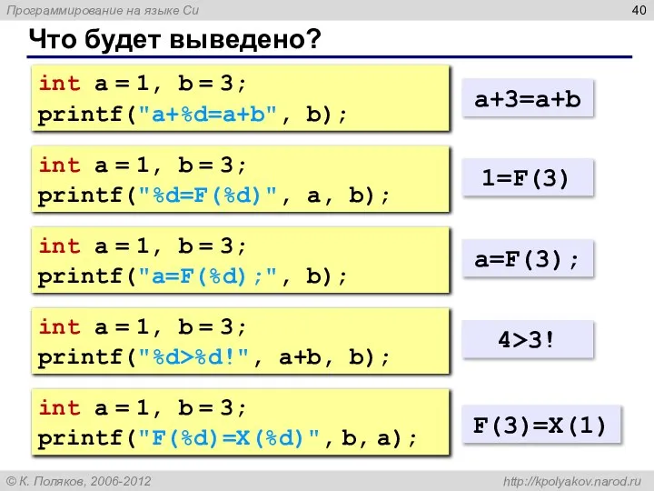 Что будет выведено? int a = 1, b = 3; printf("a+%d=a+b",