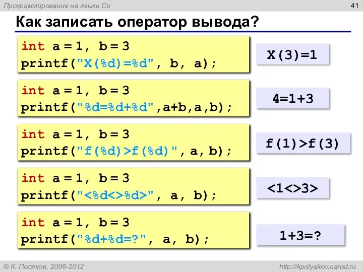 Как записать оператор вывода? int a = 1, b = 3