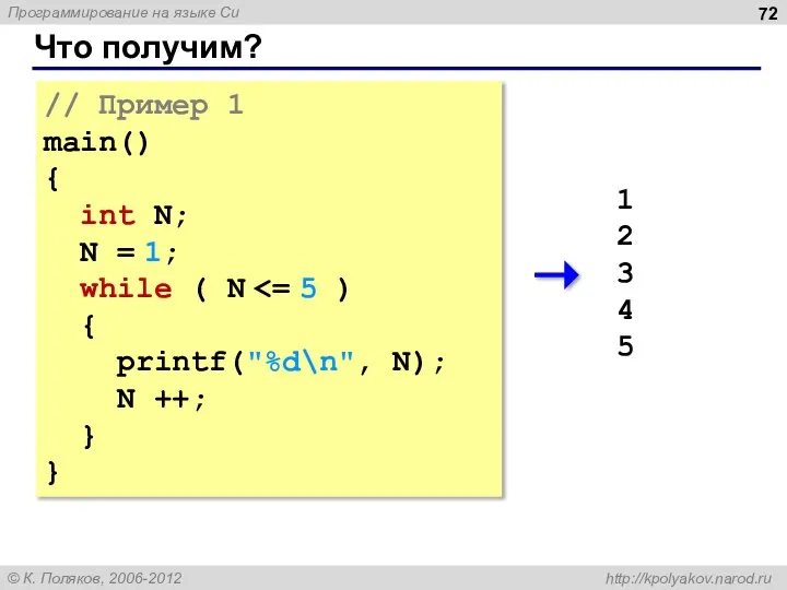 Что получим? // Пример 1 main() { int N; N =