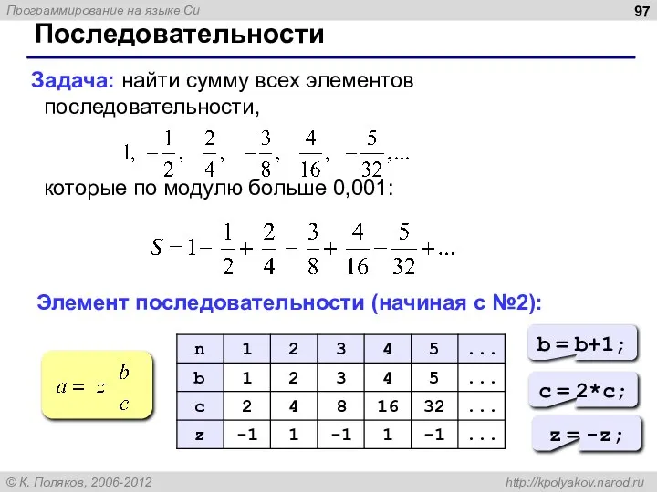 Последовательности Задача: найти сумму всех элементов последовательности, которые по модулю больше