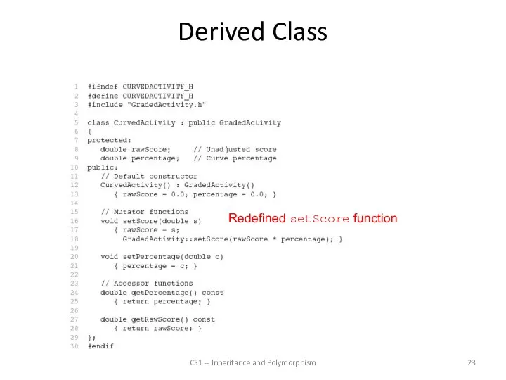 Derived Class CS1 -- Inheritance and Polymorphism Redefined setScore function