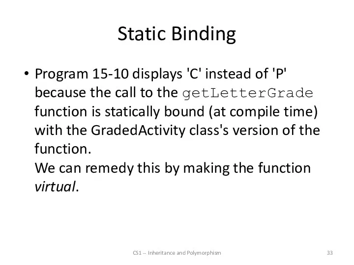 Static Binding Program 15-10 displays 'C' instead of 'P' because the