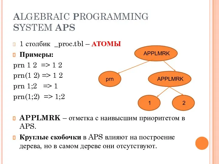 ALGEBRAIC PROGRAMMING SYSTEM APS 1 столбик _proc.tbl – АТОМЫ Примеры: prn