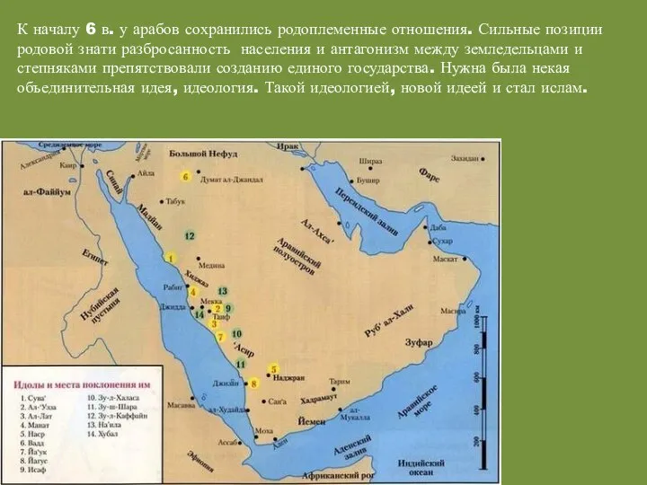 К началу 6 в. у арабов сохранились родоплеменные отношения. Сильные позиции