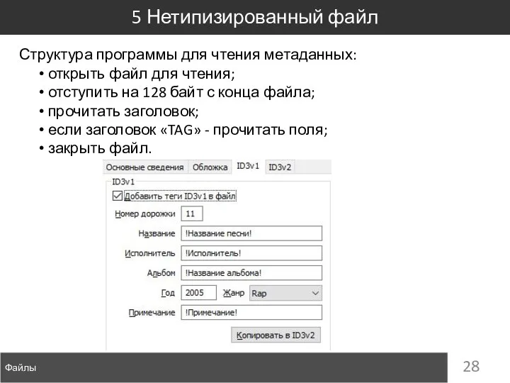 Файлы 5 Нетипизированный файл Структура программы для чтения метаданных: открыть файл