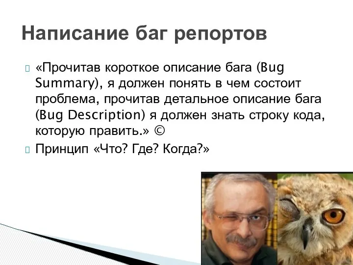 «Прочитав короткое описание бага (Bug Summary), я должен понять в чем