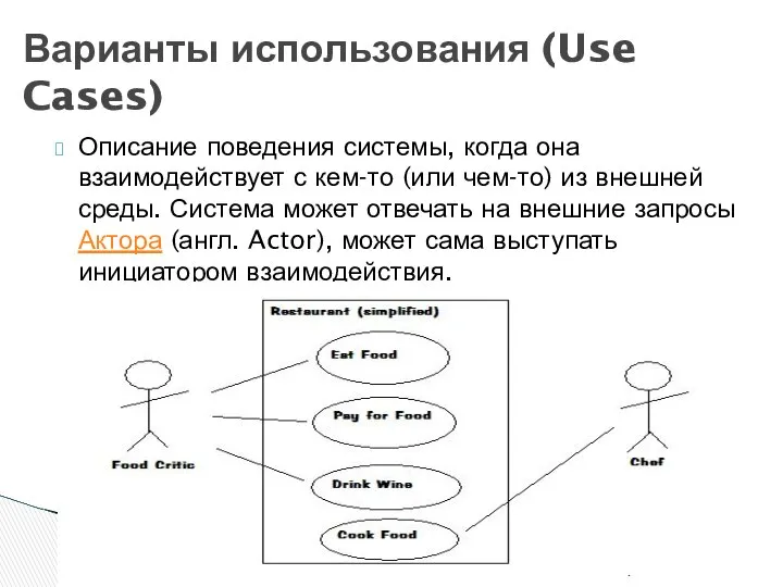 Описание поведения системы, когда она взаимодействует с кем-то (или чем-то) из