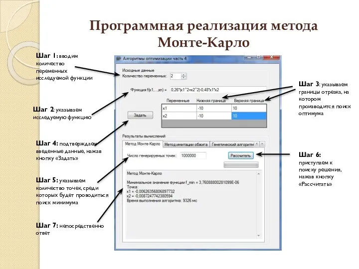 Программная реализация метода Монте-Карло Шаг 1: вводим количество переменных исследуемой функции