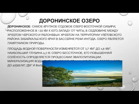 ДОРОНИНСКОЕ ОЗЕРО ДОРОНИНСКОЕ- САМОЕ КРУПНОЕ СОДОВОЕ ОЗЕРО ВОСТОЧНОЙ СИБИРИ, РАСПОЛОЖЕННОЕ В