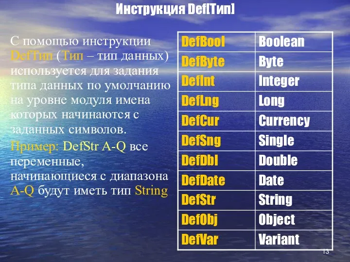 Инструкция Def[Тип] С помощью инструкции DefТип (Тип – тип данных) используется