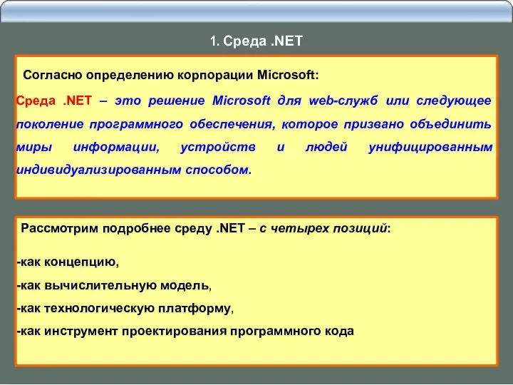 Согласно определению корпорации Microsoft: Среда .NET – это решение Microsoft для