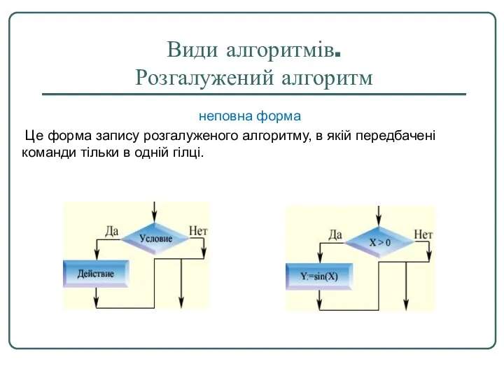 Види алгоритмів. Розгалужений алгоритм неповна форма Це форма запису розгалуженого алгоритму,