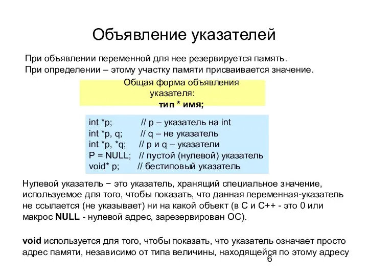 Объявление указателей При объявлении переменной для нее резервируется память. При определении