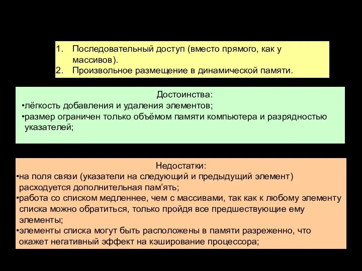 Особенности списков Последовательный доступ (вместо прямого, как у массивов). Произвольное размещение