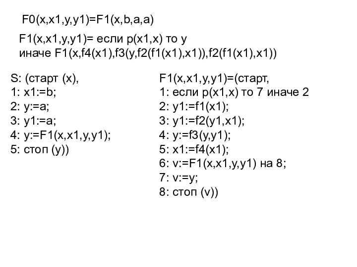 F0(x,x1,y,y1)=F1(x,b,a,a) F1(x,x1,y,y1)= если p(x1,x) то y иначе F1(x,f4(x1),f3(y,f2(f1(x1),x1)),f2(f1(x1),x1)) S: (старт (x),