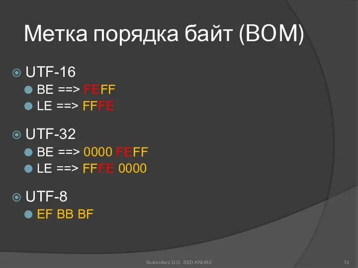 Метка порядка байт (BOM) UTF-16 BE ==> FEFF LE ==> FFFE