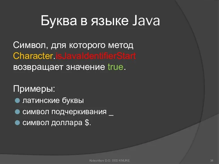 Буква в языке Java Символ, для которого метод Character.isJavaIdentifierStart возвращает значение