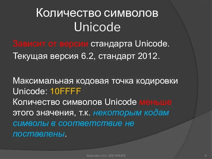 Количество символов Unicode Зависит от версии стандарта Unicode. Текущая версия 6.2,