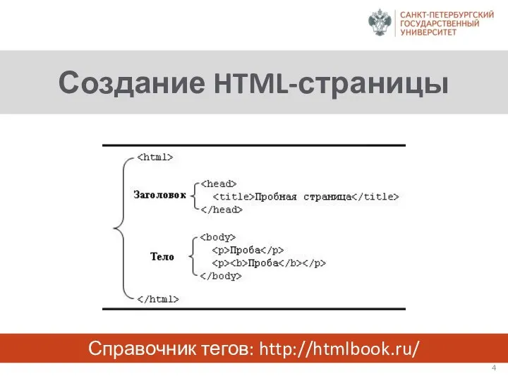 Создание HTML-страницы Справочник тегов: http://htmlbook.ru/