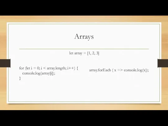 Arrays let array = [1, 2, 3] for (let i =