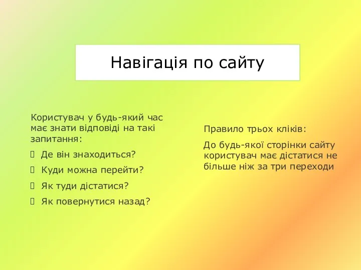 Навігація по сайту Користувач у будь-який час має знати відповіді на