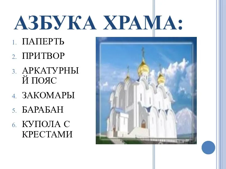 АЗБУКА ХРАМА: ПАПЕРТЬ ПРИТВОР АРКАТУРНЫЙ ПОЯС ЗАКОМАРЫ БАРАБАН КУПОЛА С КРЕСТАМИ