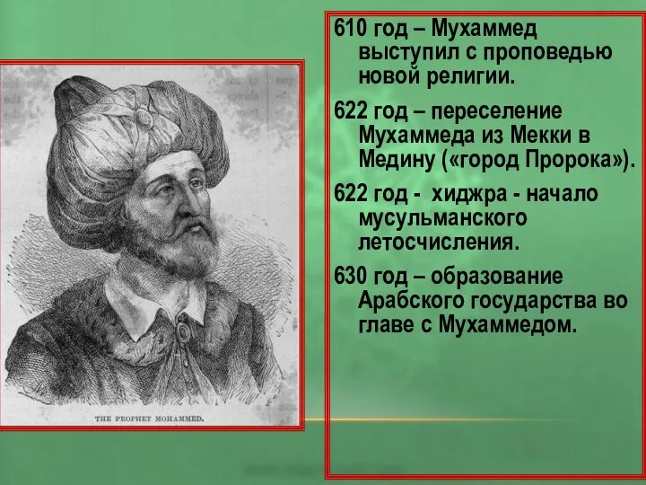 610 год – Мухаммед выступил с проповедью новой религии. 622 год