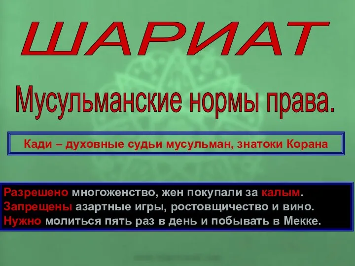 ШАРИАТ Мусульманские нормы права. Разрешено многоженство, жен покупали за калым. Запрещены