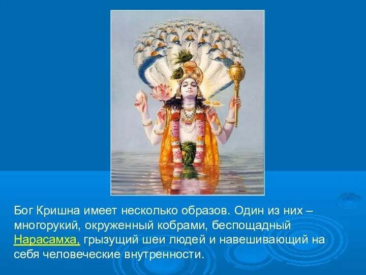 Бог Кришна имеет несколько образов. Один из них – многорукий, окруженный