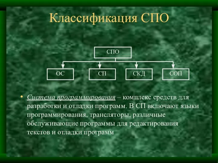 Классификация СПО Система программирования – комплекс средств для разработки и отладки