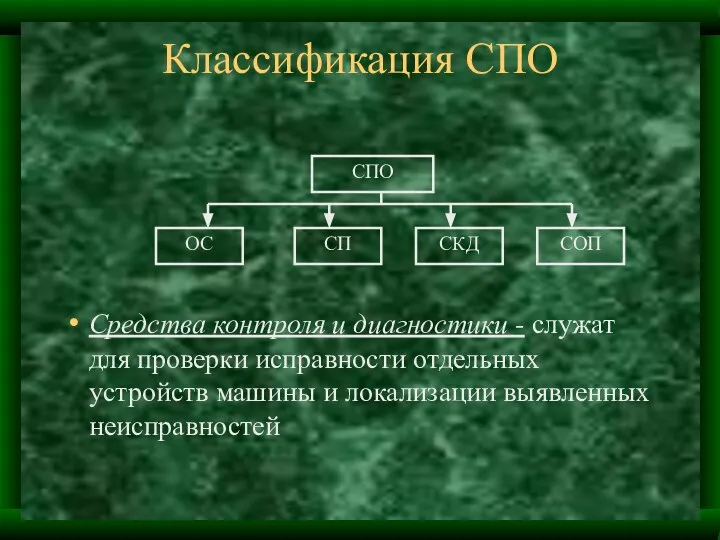 Классификация СПО Средства контроля и диагностики - служат для проверки исправности