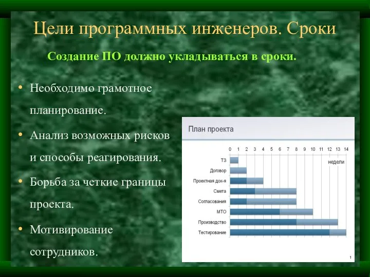 Цели программных инженеров. Сроки Необходимо грамотное планирование. Анализ возможных рисков и