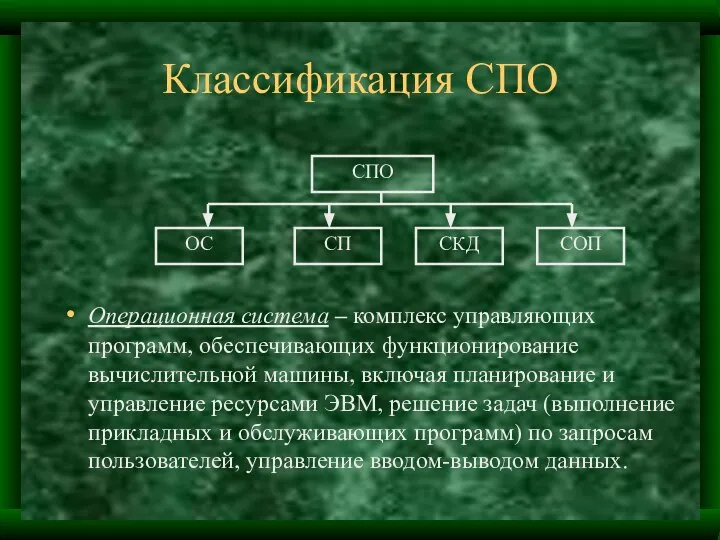 Классификация СПО Операционная система – комплекс управляющих программ, обеспечивающих функционирование вычислительной