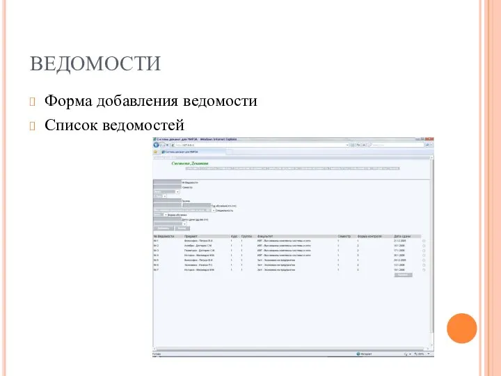 ВЕДОМОСТИ Форма добавления ведомости Список ведомостей