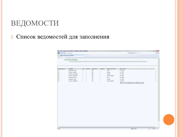 ВЕДОМОСТИ Список ведомостей для заполнения