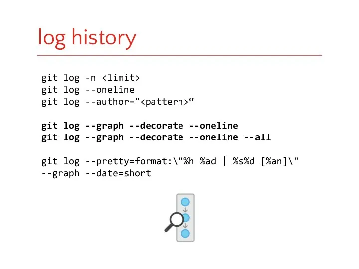 log history git log -n git log --oneline git log --author="