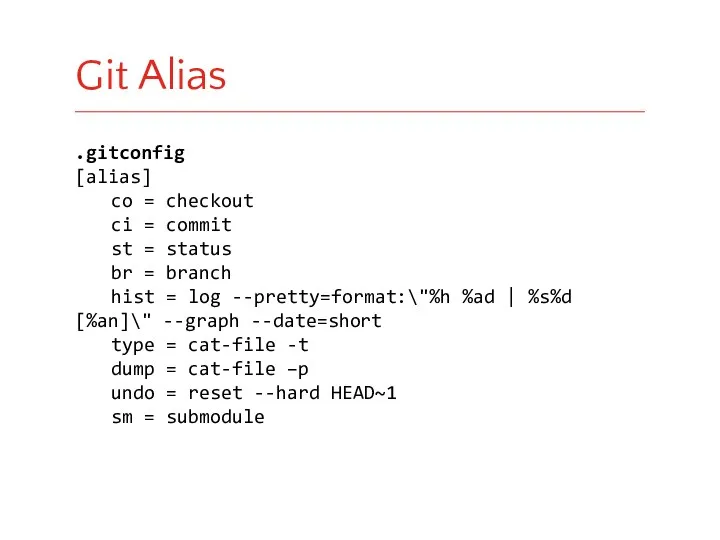 .gitconfig [alias] co = checkout ci = commit st = status