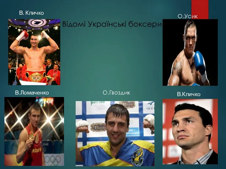 Відомі Українські боксери В. Кличко В.Ломаченко В.Кличко О.Усик О.Гвоздик