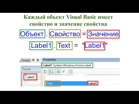 Каждый объект Visual Basic имеет свойство и значение свойства Объект .