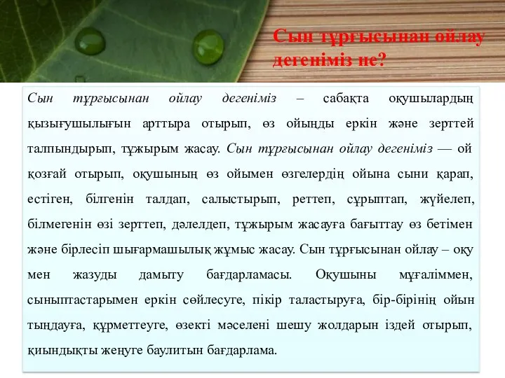 Сын тұрғысынан ойлау дегеніміз – сабақта оқушылардың қызығушылығын арттыра отырып, өз