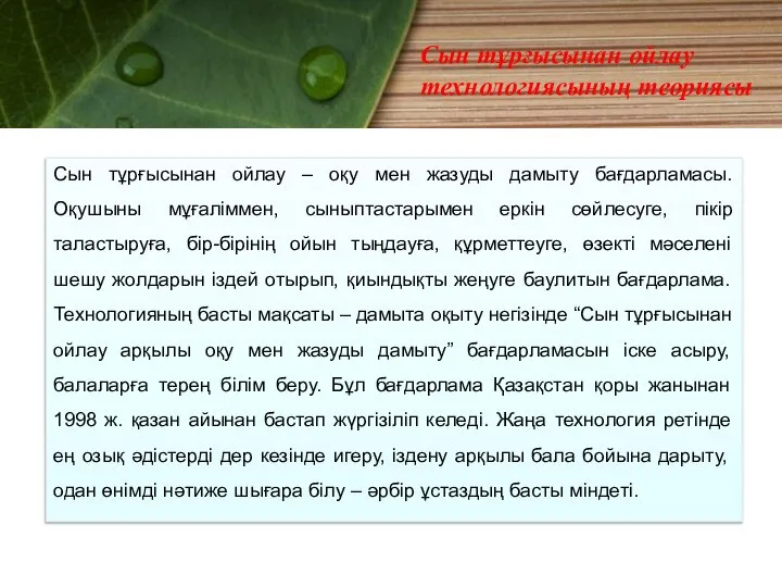 Сын тұрғысынан ойлау – оқу мен жазуды дамыту бағдарламасы. Оқушыны мұғаліммен,