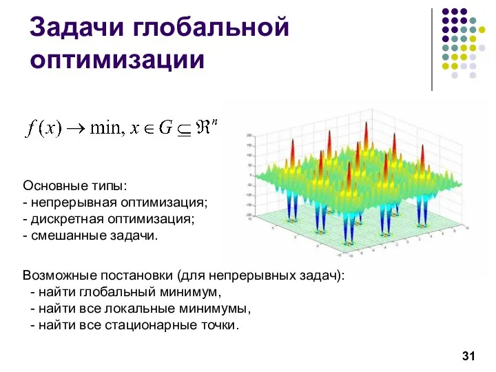 Задачи глобальной оптимизации Возможные постановки (для непрерывных задач): - найти глобальный