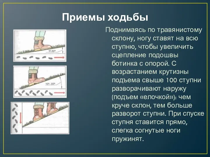 Приемы ходьбы Поднимаясь по травянистому склону, ногу ставят на всю ступню,