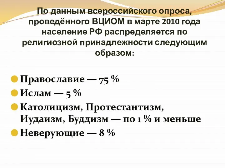 По данным всероссийского опроса, проведённого ВЦИОМ в марте 2010 года население