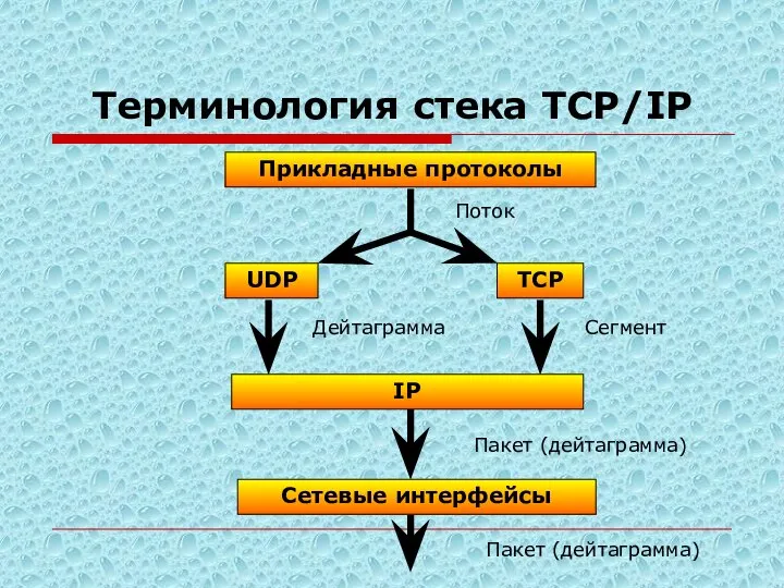 Терминология стека TCP/IP Прикладные протоколы TCP UDP IP Сетевые интерфейсы Поток